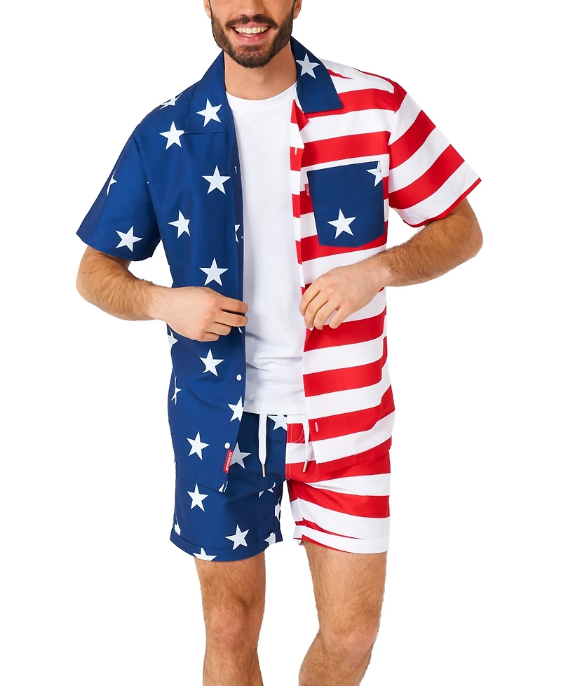 OppoSuits Men's Hawaiian 2 Piece Set - Usa Flag Beach Swim Wear Slim Fit Includes Short Sleeve Button Up Shirt and Shorts