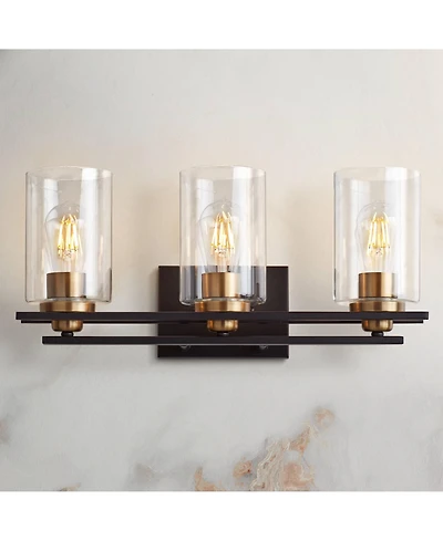 Possini Euro Design Demy Vintage Industrial Wall Light Bronze Gold Hardwire 20" 3-Light Fixture Clear Glass for Bedroom Bathroom Vanity Reading H