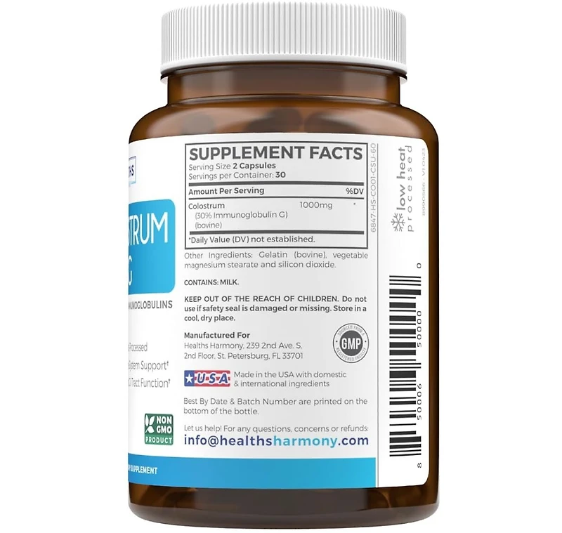 Healths Harmony Colostrum 30 Igg Capsules, Colostrum Supplement for Gut Health and Immune Support, Healths Harmony, 60ct