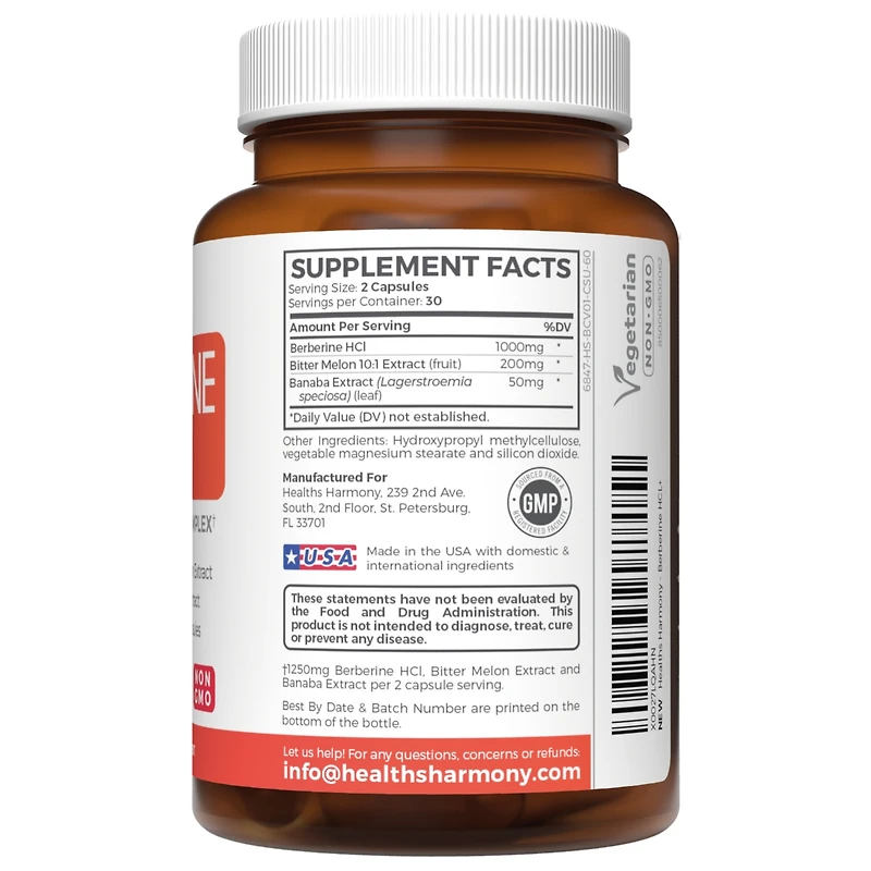 Healths Harmony Berberine Hcl Plus Capsules, Blood Sugar Support Supplement & Ampk Metabolic Activator, Appetite Suppressant for Weight Loss, Health's