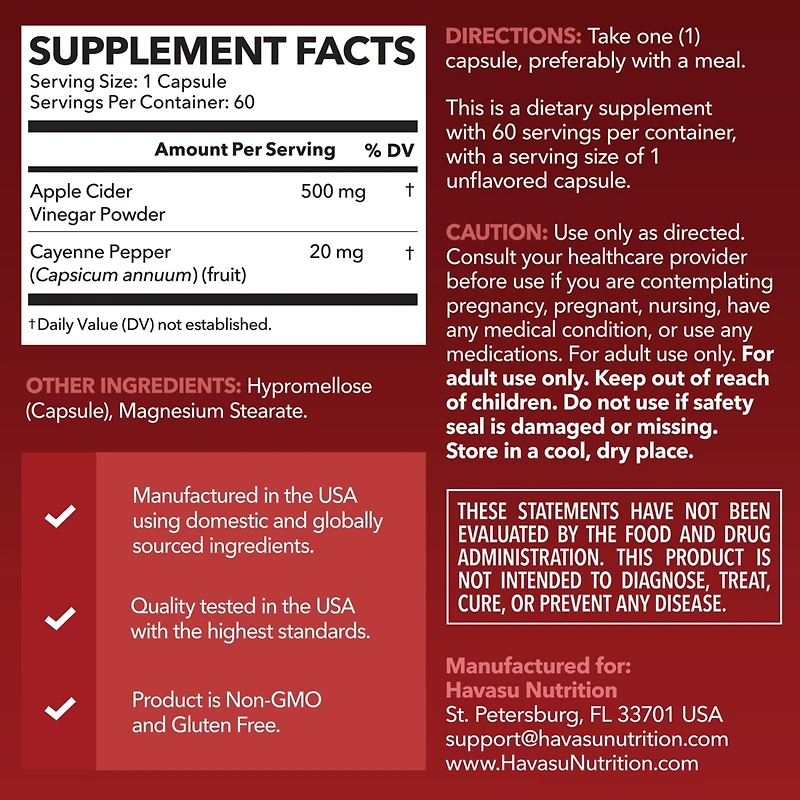 Apple Cider Vinegar Pills, Acv Capsules + Cayenne Pepper, Appetite Suppressant for Weight Loss, Havasu Nutrition, 60ct