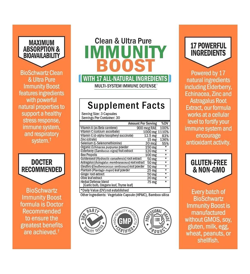 BioSchwartz Immunity Boost with Vitamin C and Zinc | 7-in-1 formula loaded with powerful Third Party tested ingredients | without gmos, soy, gluten, m