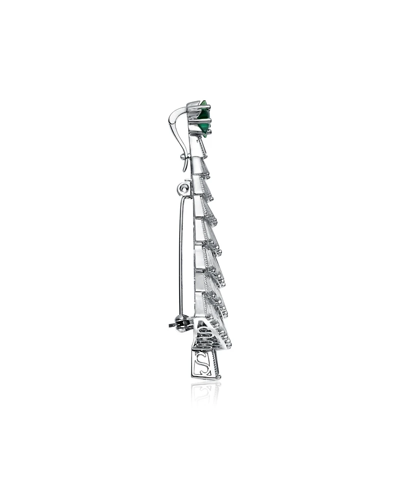 Festive Christmas Tree Pendant/Brooch in White Gold Plating with Cubic Zirconia in White and Green
