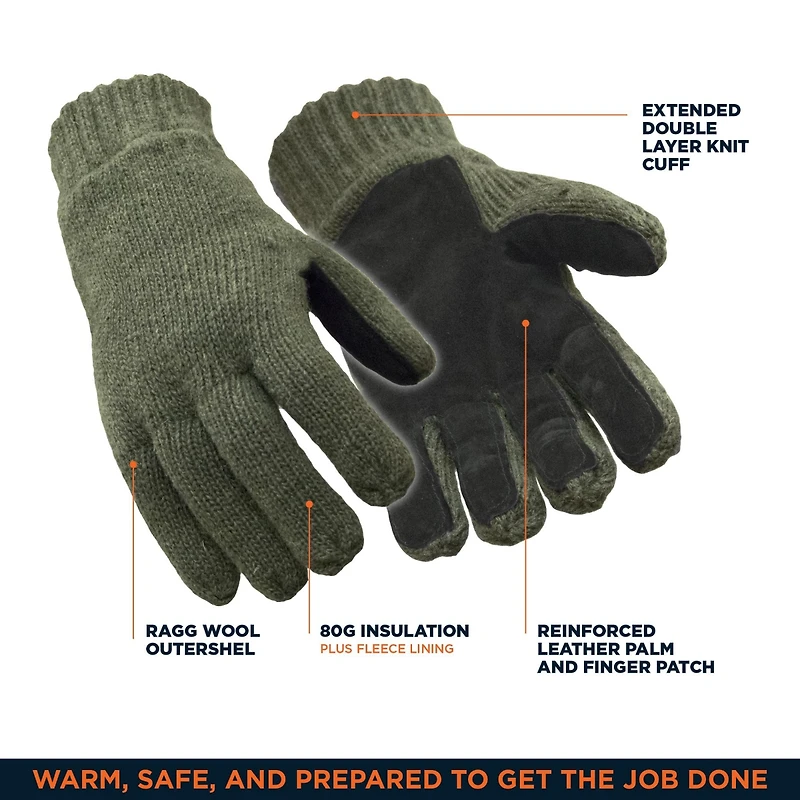 RefrigiWear Men's Insulated Wool Leather Palm Glove - Extreme Cold Protection, Durable Palm, Fleece Lining