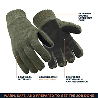 RefrigiWear Men's Insulated Wool Leather Palm Glove - Extreme Cold Protection, Durable Palm, Fleece Lining
