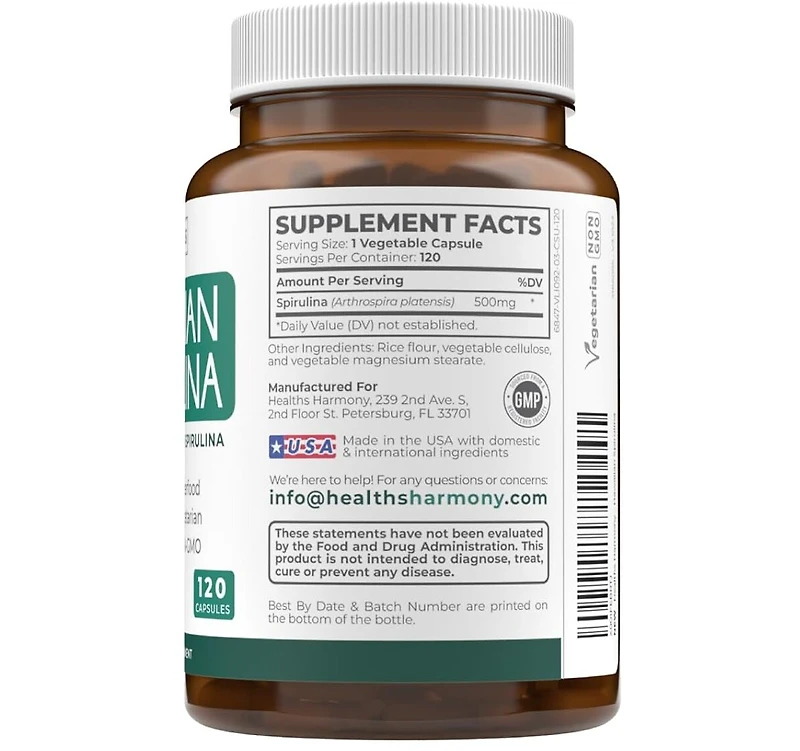 Healths Harmony Spirulina Capsules, Green Superfoods for Natural Energy and Metabolic Health, Health's Harmony, 120ct