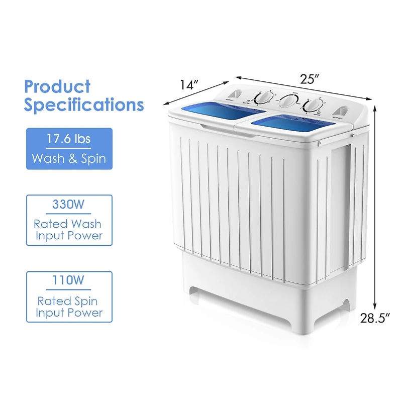 Portable Mini Compact Twin Tub 17.6lb Washing Machine