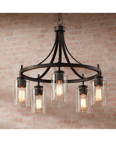 Franklin Iron Works Caleb Bronze Wagon Wheel Pendant Chandelier 23.75" Wide Industrial Clear Glass 5-Light Fixture for Dining Room House Foyer Entrywa