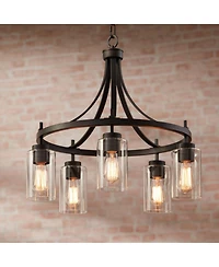 Franklin Iron Works Caleb Bronze Wagon Wheel Pendant Chandelier 23.75" Wide Industrial Clear Glass 5-Light Fixture for Dining Room House Foyer Entrywa