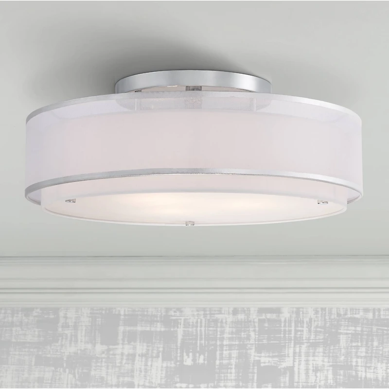 Possini Euro Design Modern Ceiling Lighting Semi Flush Mount Fixture 20" Wide Chrome 3-Light Sheer Outer Off White Inner Drum Shade for Bedroom H