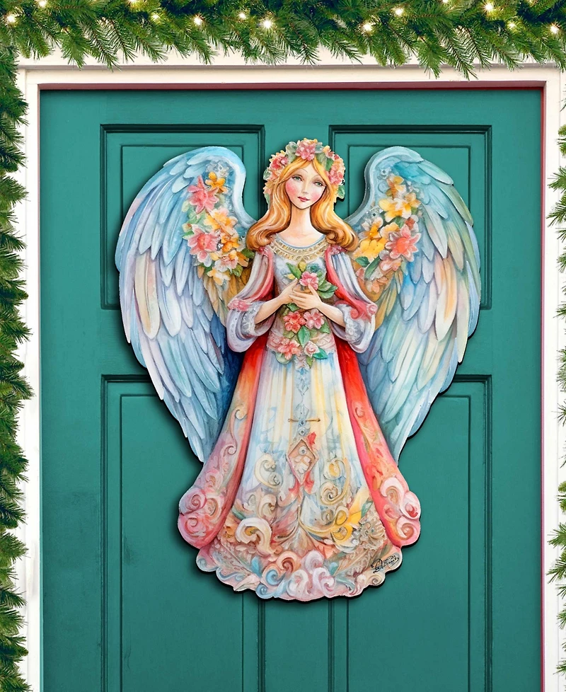 Designocracy Floral Angel Christmas Wooden Door Decor Wall Decor G. DeBrekht