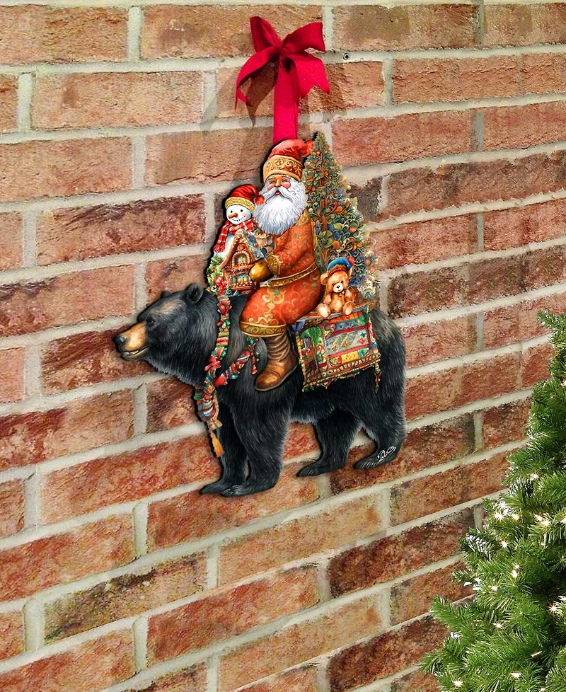 Designocracy Santa Claus and Black Bear Christmas Door Decor Wooden Wall Decor G. DeBrekht