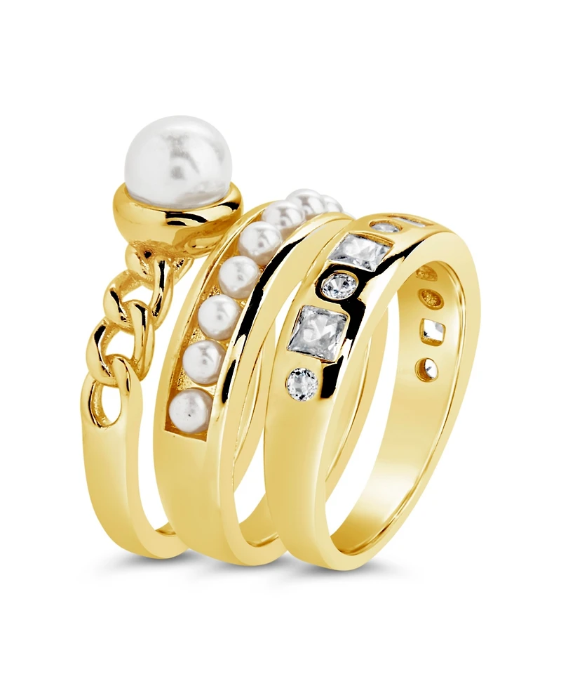 Sterling Forever Cubic Zirconia Genuine Shell Pearl Kimber Stacking 3 Piece Ring Set