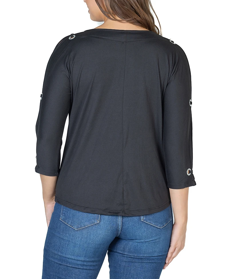 24seven Comfort Apparel Women's Three Quarter Cold Shoulder Grommet Top