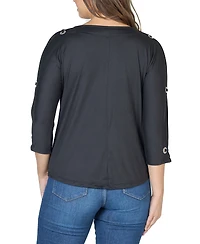 24seven Comfort Apparel Women's Three Quarter Cold Shoulder Grommet Top