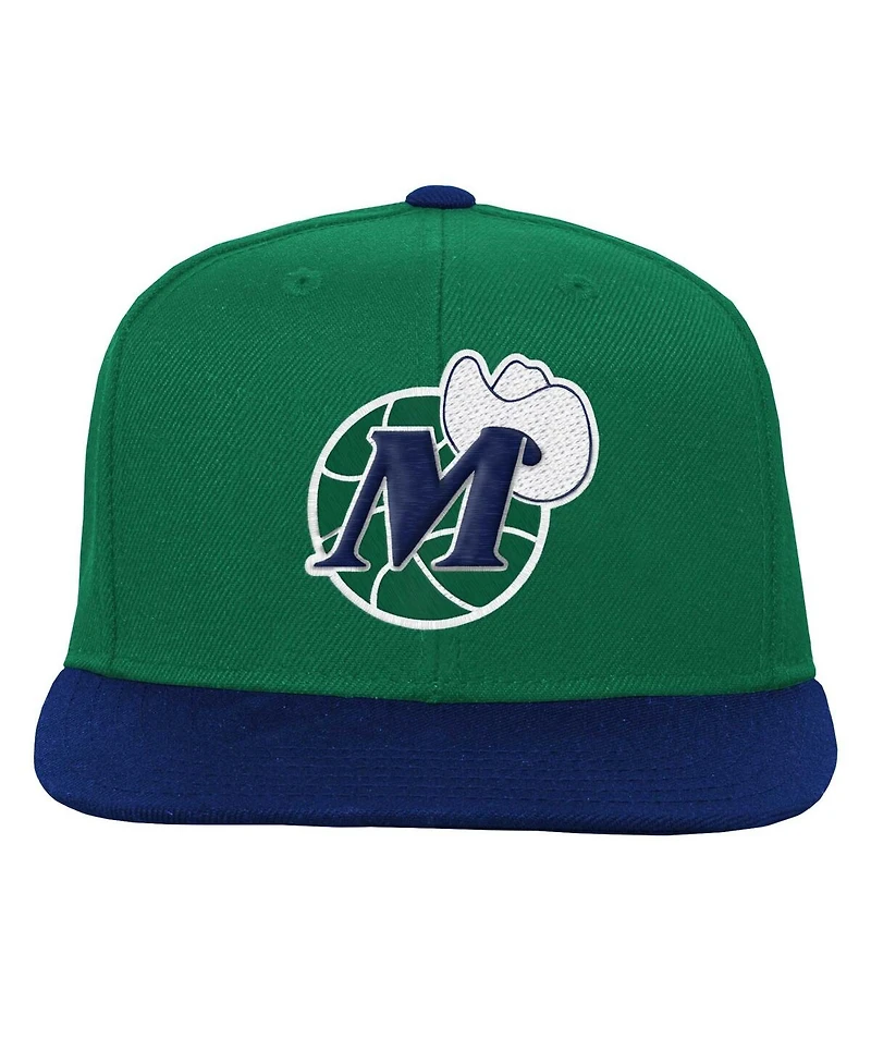 Big Boys and Girls Mitchell & Ness Navy, Green Dallas Mavericks Two-Tone Snapback Hat