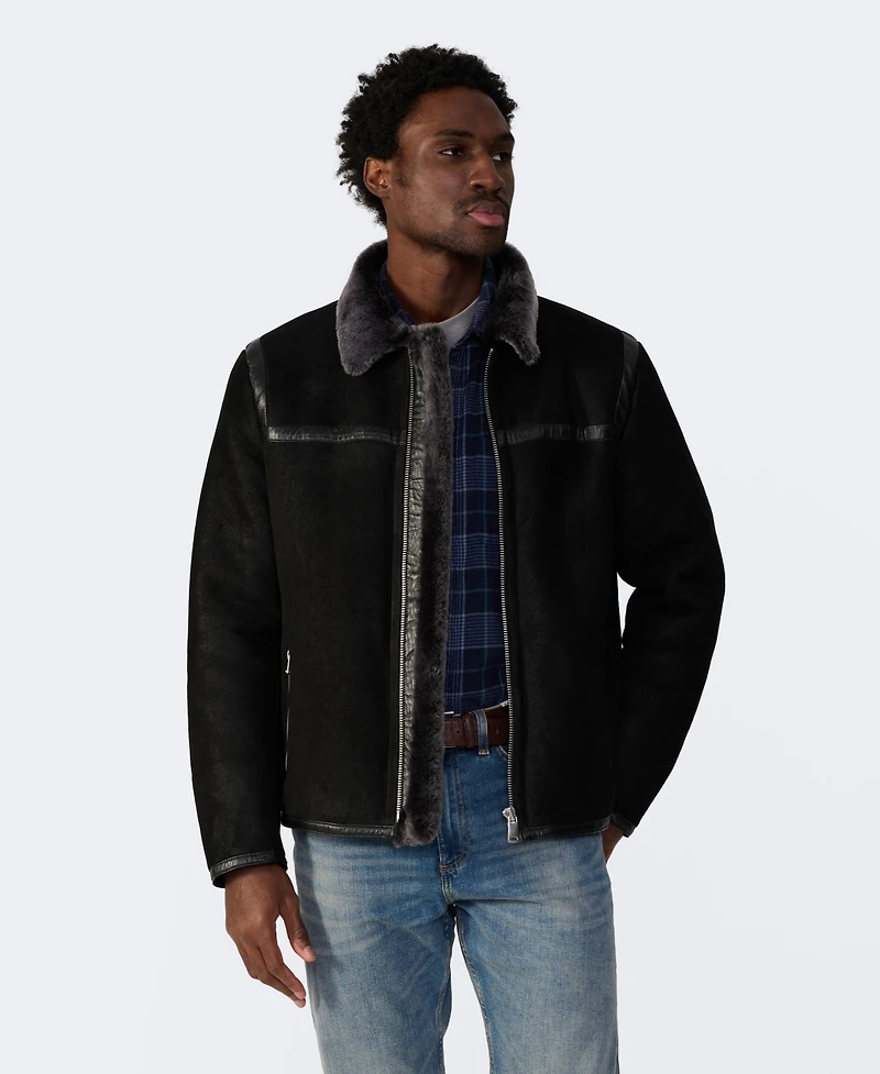 Furniq Uk Men's Leather Banded Sheepskin Casual Jacket