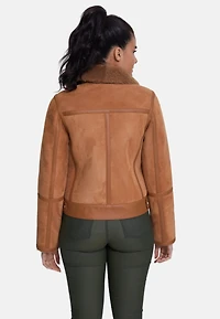 Furniq Uk Women's Elegant Suede Jacket, Suede Brick With Camel Curly Wool