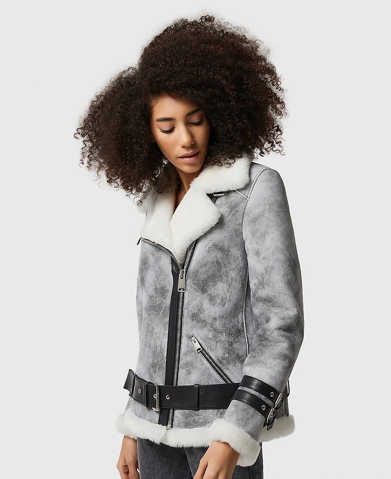 Furniq Uk Women's Shearling Belted Biker Jacket, Natural Dying Grey with White Wool