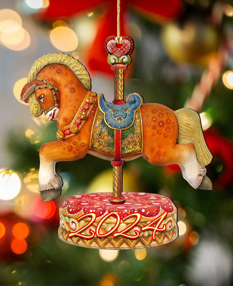 Designocracy Dated Carousel Horse Christmas Wooden Ornaments Holiday Decor Set of 2 G. DeBrekht
