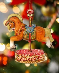 Designocracy Dated Carousel Horse Christmas Wooden Ornaments Holiday Decor Set of 2 G. DeBrekht