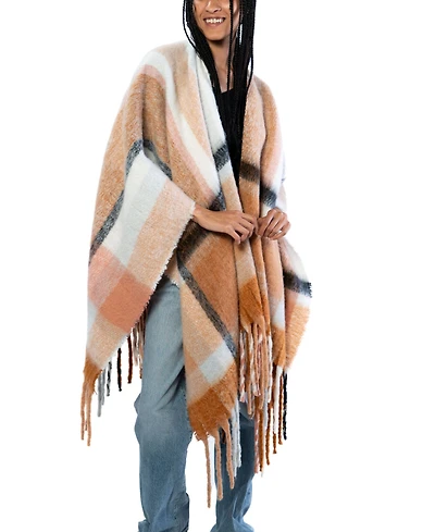 Marcus Adler Plaid Fringe Cape Sweater