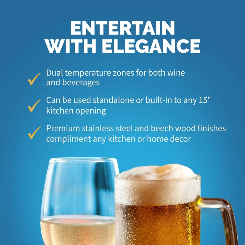 Newair 15" Premium Built-in Dual Zone 9 Bottle and 48 Can Wine and Beverage Fridge in Stainless Steel with SplitShelf
