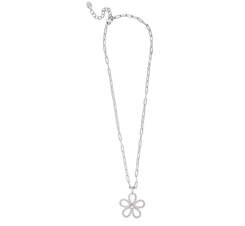 Rhodium Cubic Zirconia Flower Pendant Necklace