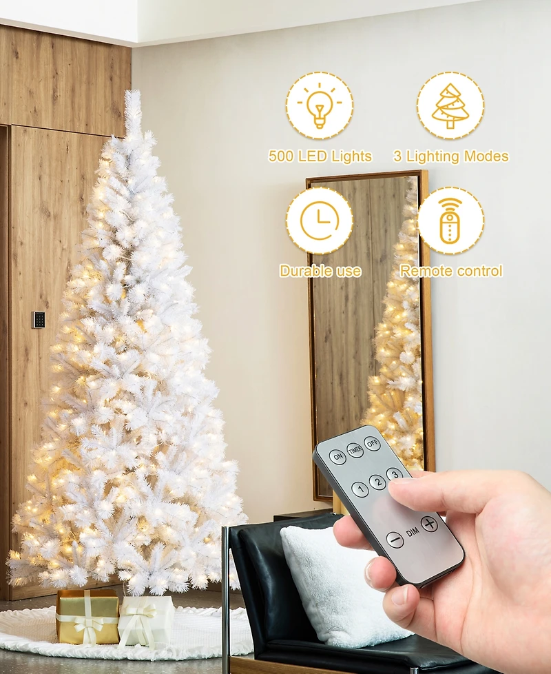Glitzhome 8' Pre-Lit Pine Slim Artificial Christmas Tree with 500 Warm Lights, Three Function