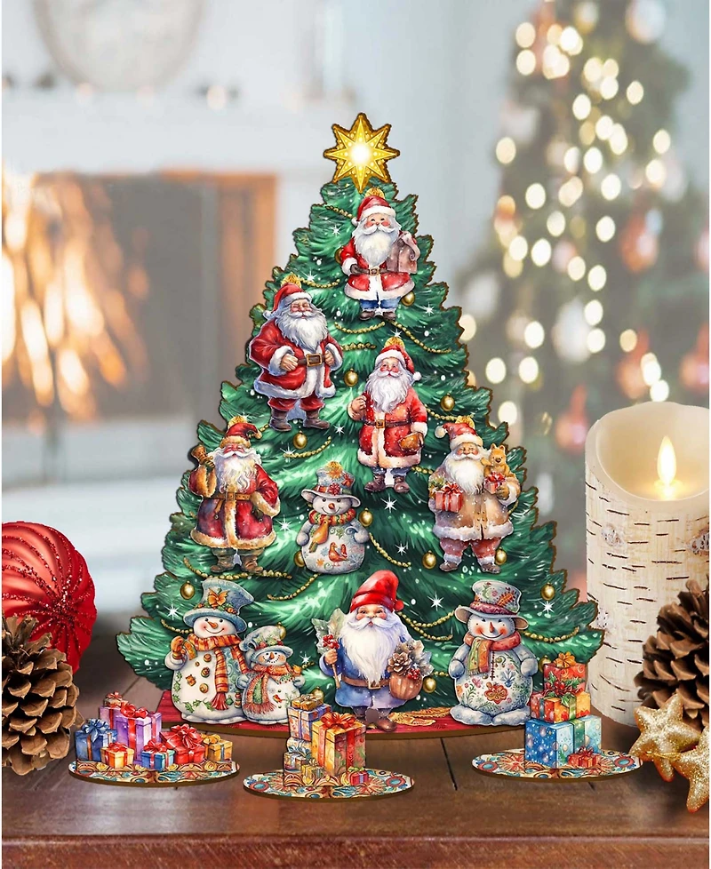 Designocracy Santa Clause Themed Wooden Christmas Tree with Ornaments Set of 13 G. DeBrekht