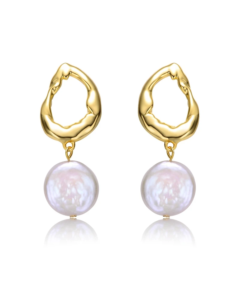 Sterling Silver 14k Yellow Gold Plated with White Coin Freshwater Pearl Twisted Halo Circle Dangle Drop Earrings