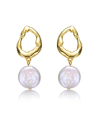 Sterling Silver 14k Yellow Gold Plated with White Coin Freshwater Pearl Twisted Halo Circle Dangle Drop Earrings