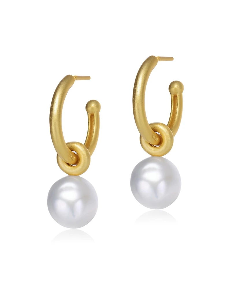 Elegant Sterling Silver 14K Gold Plated Round 11.5-12MM Genuine Freshwater Pearl Hoop Earrings