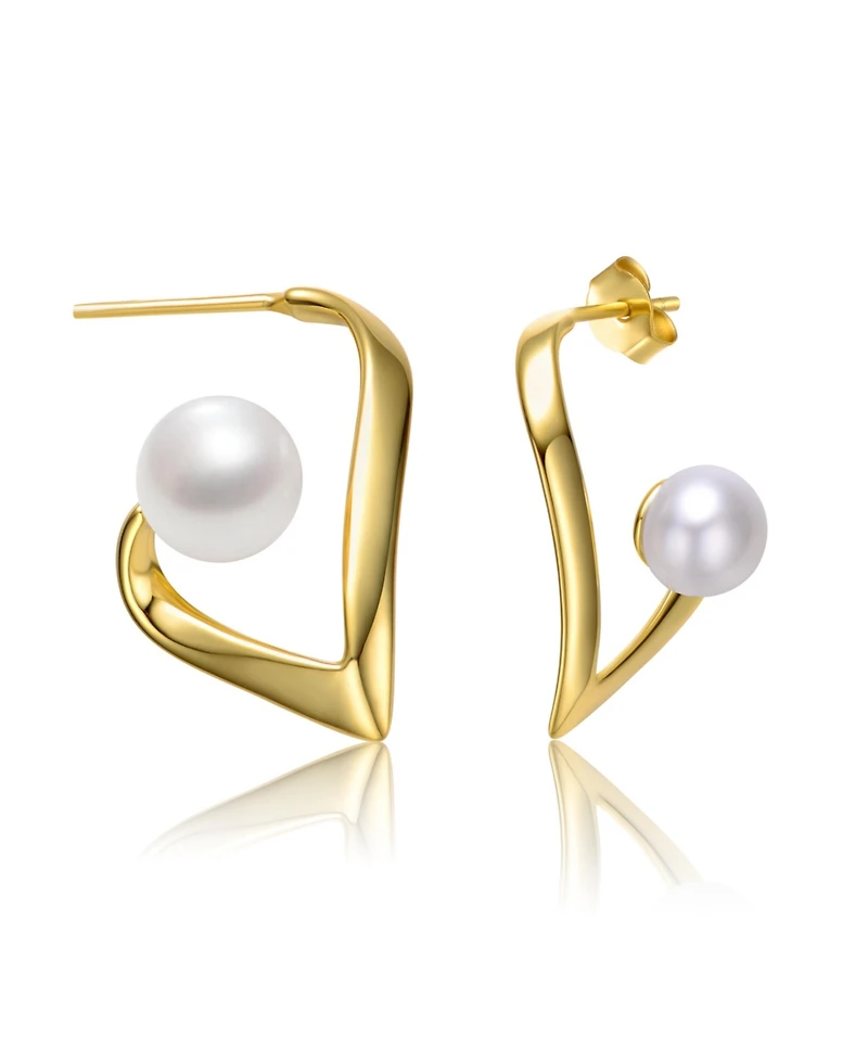 Sterling Silver 14k Yellow Gold with White Freshwater Pearl Open Geometric Abstract Art Earrings