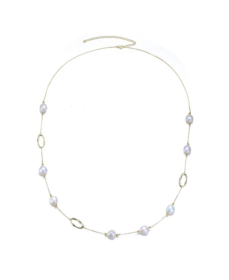Classy Sterling Silver 14K Gold Plating and Genuine Freshwater Pearl Station Necklace