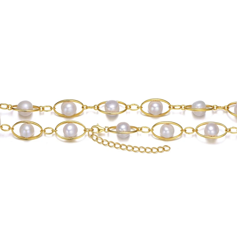 Sterling Silver 14K Gold Plated Genuine Freshwater Pearl and Cubic Zirconia Link Adjustable Necklace
