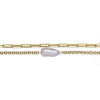 14k Yellow Gold Plated with Free-Form Genuine Freshwater Pearl Cable Rolo Chain Double Layer Bracelet in Sterling Silver