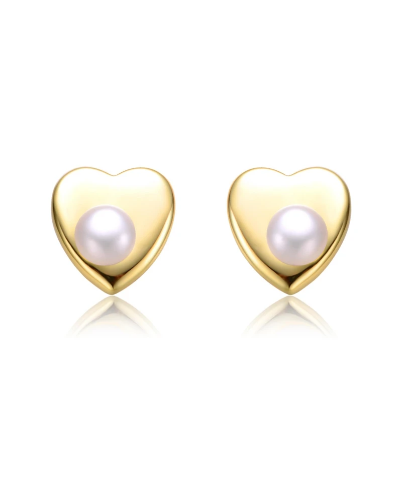 Sterling Silver 14k Yellow Gold Plated with White Freshwater Pearl Heart Stud Earrings