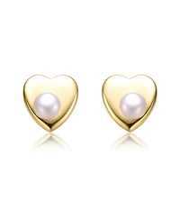 Sterling Silver 14k Yellow Gold Plated with White Freshwater Pearl Heart Stud Earrings