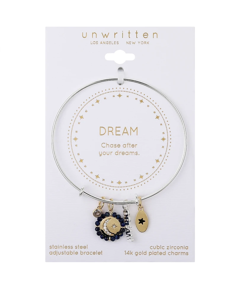 Unwritten Cubic Zirconia Moon and Star Silver Plated "Dream" 14K Gold Plated Charm Bangle Bracelet
