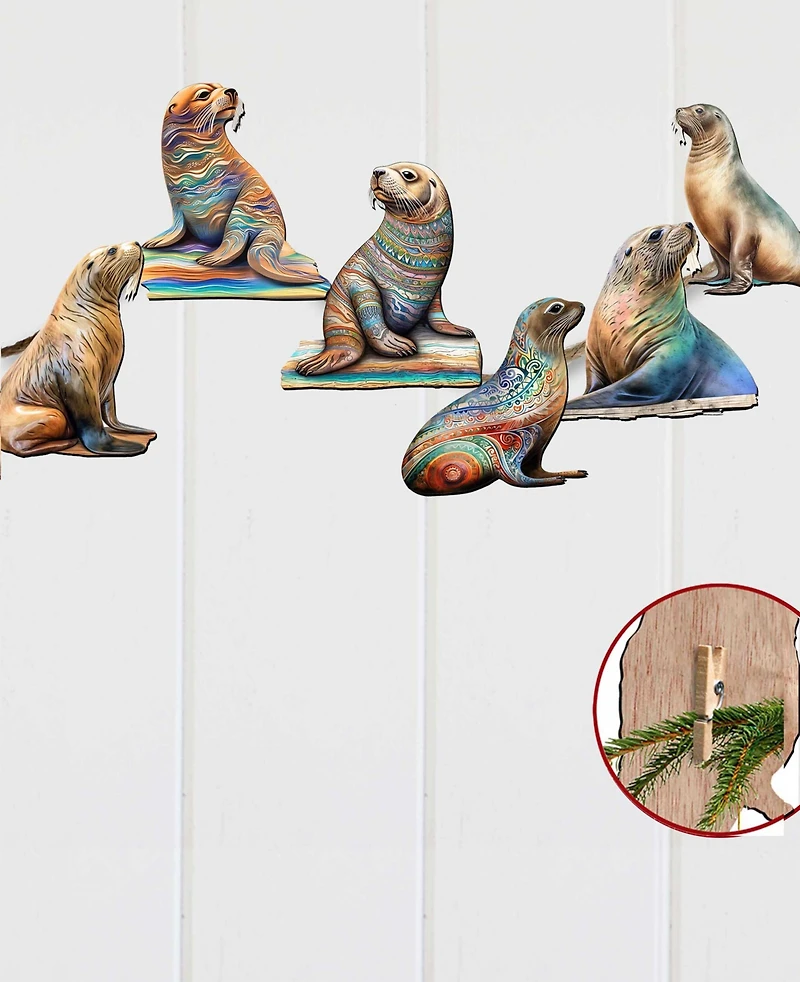 Designocracy Holiday Wooden Clip-On Ornaments Coastal Sea Lions Set of 6 G. DeBrekht