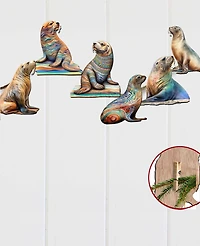 Designocracy Holiday Wooden Clip-On Ornaments Coastal Sea Lions Set of 6 G. DeBrekht