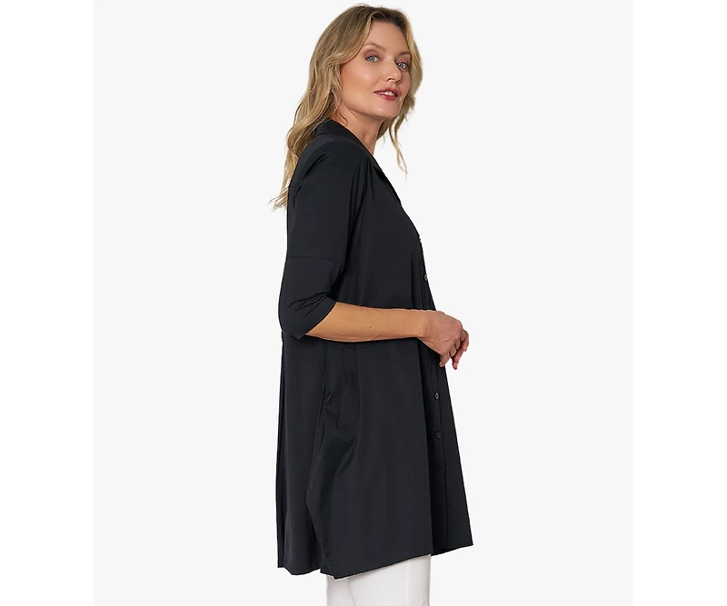 Stella Carakasi Women's 3/4 Sleeve Button-Front Cotton Poplin And Jersey Shirt Top Tiburon Tunic Icon