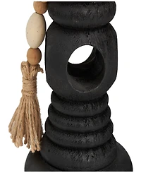 Wood Handmade Textured Matte Candle Holder with Beaded Garland Accent 14", 12" and 10" H, Set of 3