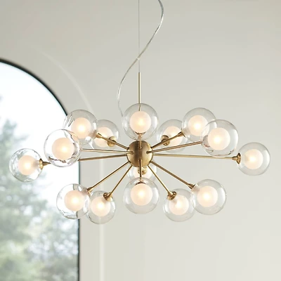 Spheres Antique Brass Sputnik Pendant Chandelier 30" Wide Mid-Century Modern Clear Outer Frosted Inner Glass 15-Light Fixture Dining Room House F
