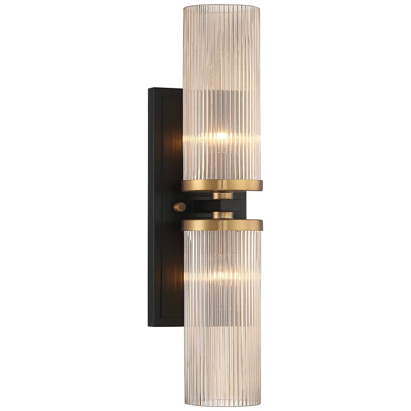 Palais Modern Wall Light Sconce Black Warm Brass Hardwired 4 1/4" 2-Light Fixture Ribbed Champagne Glass Shade for Bedroom Bathroom Vanity Readin