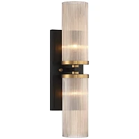Palais Modern Wall Light Sconce Black Warm Brass Hardwired 4 1/4" 2-Light Fixture Ribbed Champagne Glass Shade for Bedroom Bathroom Vanity Readin