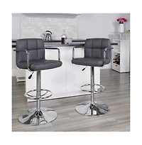 Contemporary Quilted Vinyl Adjustable Height Barstool With Arms