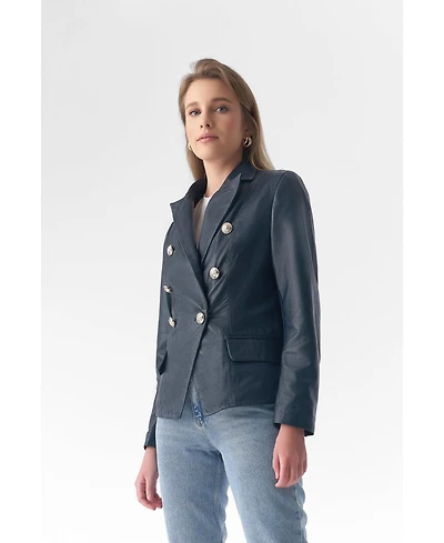 Furniq Uk Women's Genuine Leather Blazer Jacket, Navy