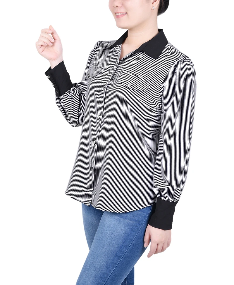 Ny Collection Petite Long Sleeve Striped Button Front Blouse